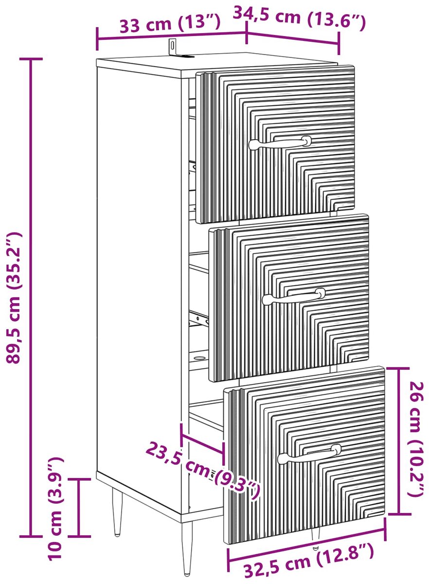 vidaXL Ladekast - Zwart - 33 - x - 34,5 - x - 89,5 - cm - Bewerkt - hout