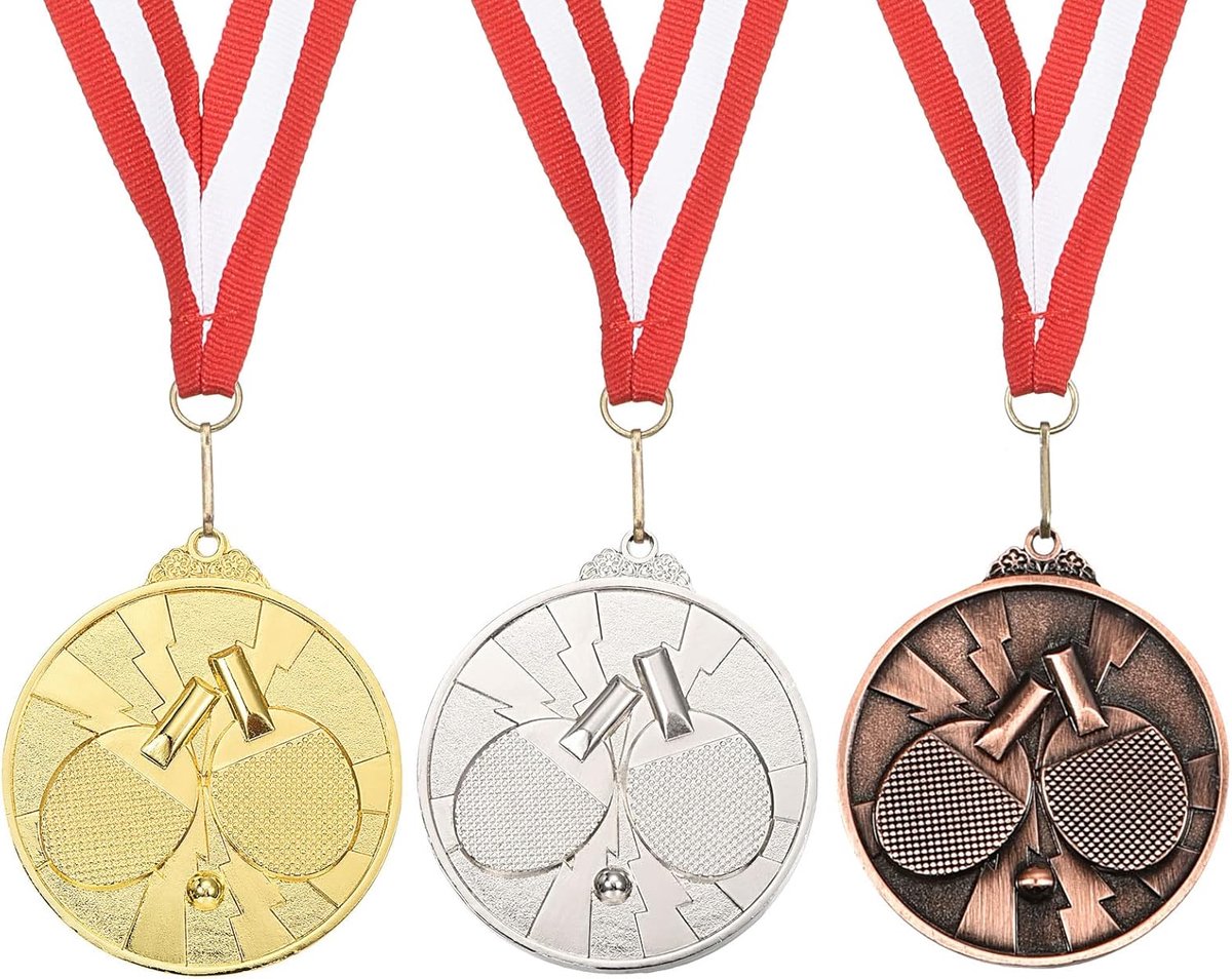 2.6 inch Ping Pong Medals - 3 Pack Table Tennis Award Medals Set - Gold Silver Bronze Medal met Ribbon - Red White voor Games Sports Matches