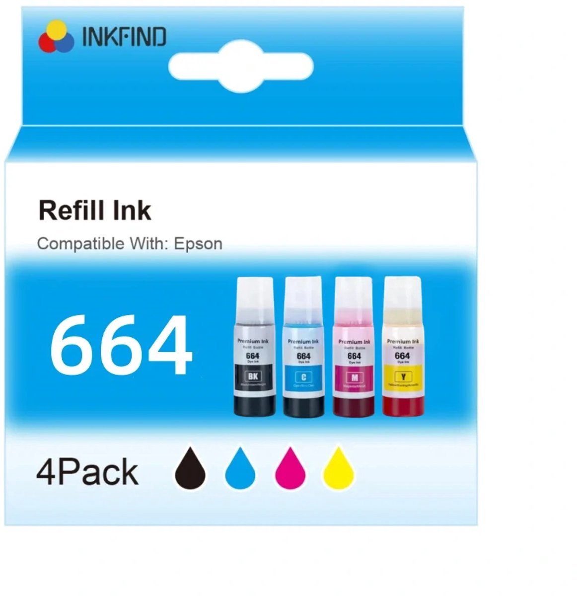 INKFIND 664 inkt geschikt voor Epson664 Epson 664 Epson T664 Epson6641 Epson6642 6641 T6642 T6643 6644 4-kleuren multipack voor Epson L100/L200/L110/L130/L210/L220/L300/L350/L355/L555 EcoTank ET-14000 ET-2500 ET-2550 ET-2600 ET-2650 ET-4500 L355 L555