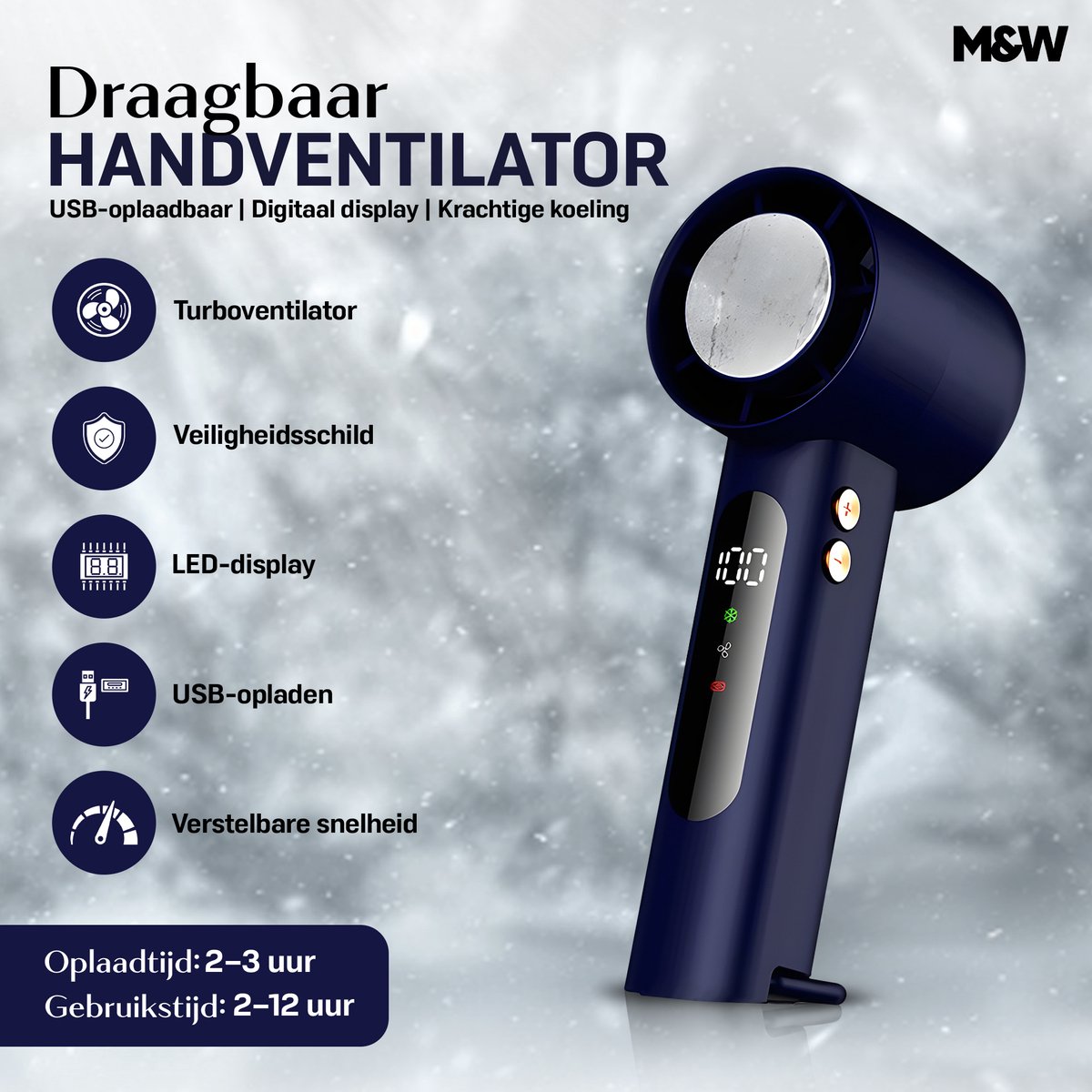 M&W® Mini Ventilator Draagbaar – Handventilator met IJs Koeling – Oplaadbaar USB (3000 mAh) – Stil & Krachtig – 3 Standen – Compacte Zakventilator voor Reizen, Festival, Kantoor & Thuis — afbeelding 6