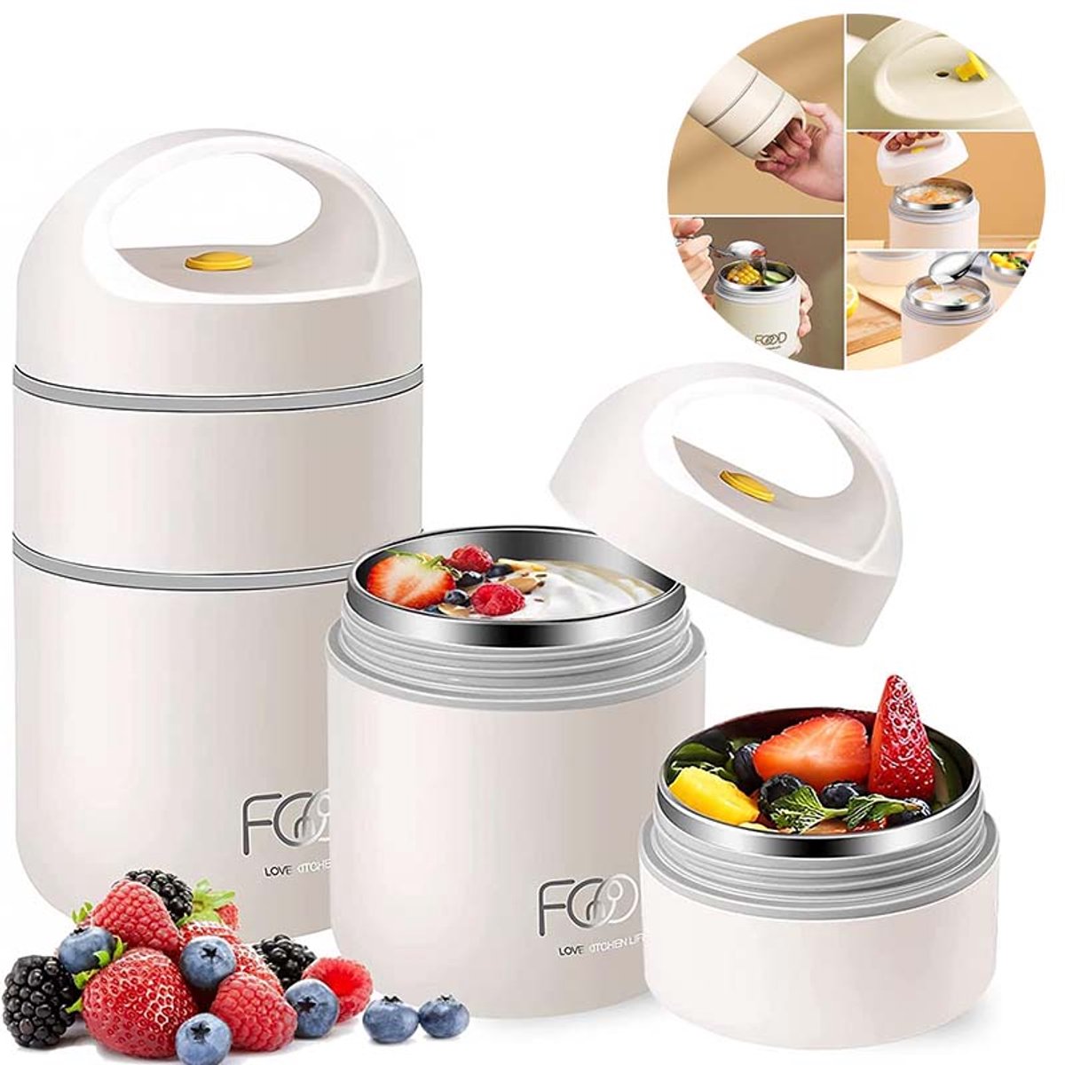 1 stuk Dubbellaagse Isolatie Drinkfles 680 ml - Lekvrije Bento Lunchbox & Multifunctionele Yogurtbeker - Voor School, Werk, Picknick en Reizen (Beige Wit)