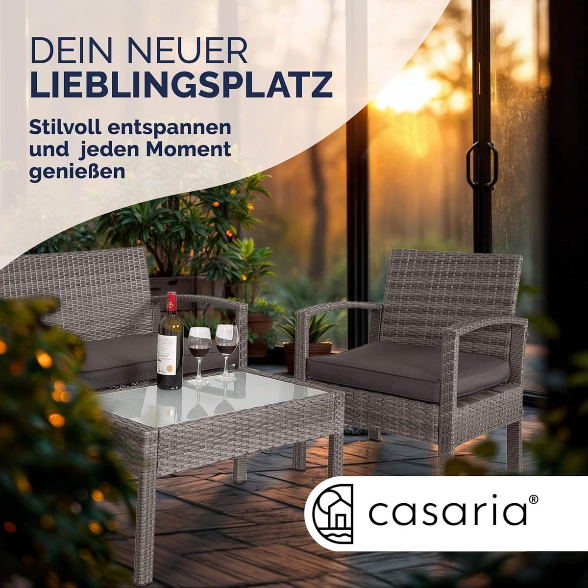 Loungeset tuin 4 personen – Meuble Paris polyrotan tuinset met kussens – balkonset met tafel, bank en stoelen – weerbestendig wicker tuinmeubelen – grijs modern design