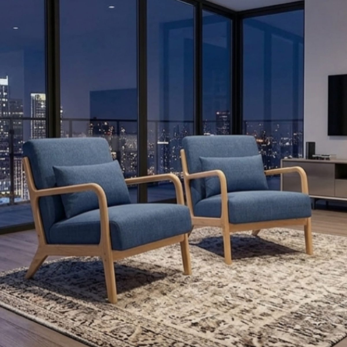 Accentstoel loungestoel 80x75x63 cm – moderne fauteuil met armleuningen en kussen – comfortabele leesstoel set van 2 – blauw – Urbanhome