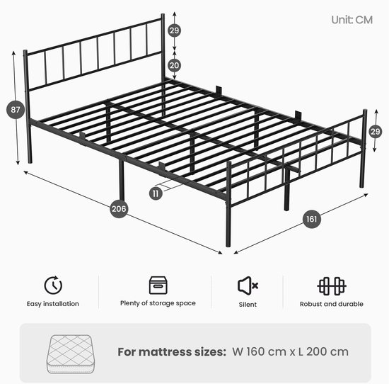 Dimensions d'un cadre de lit en métal noir, indiquant la hauteur, la largeur, la longueur et les détails de l'espace de rangement.