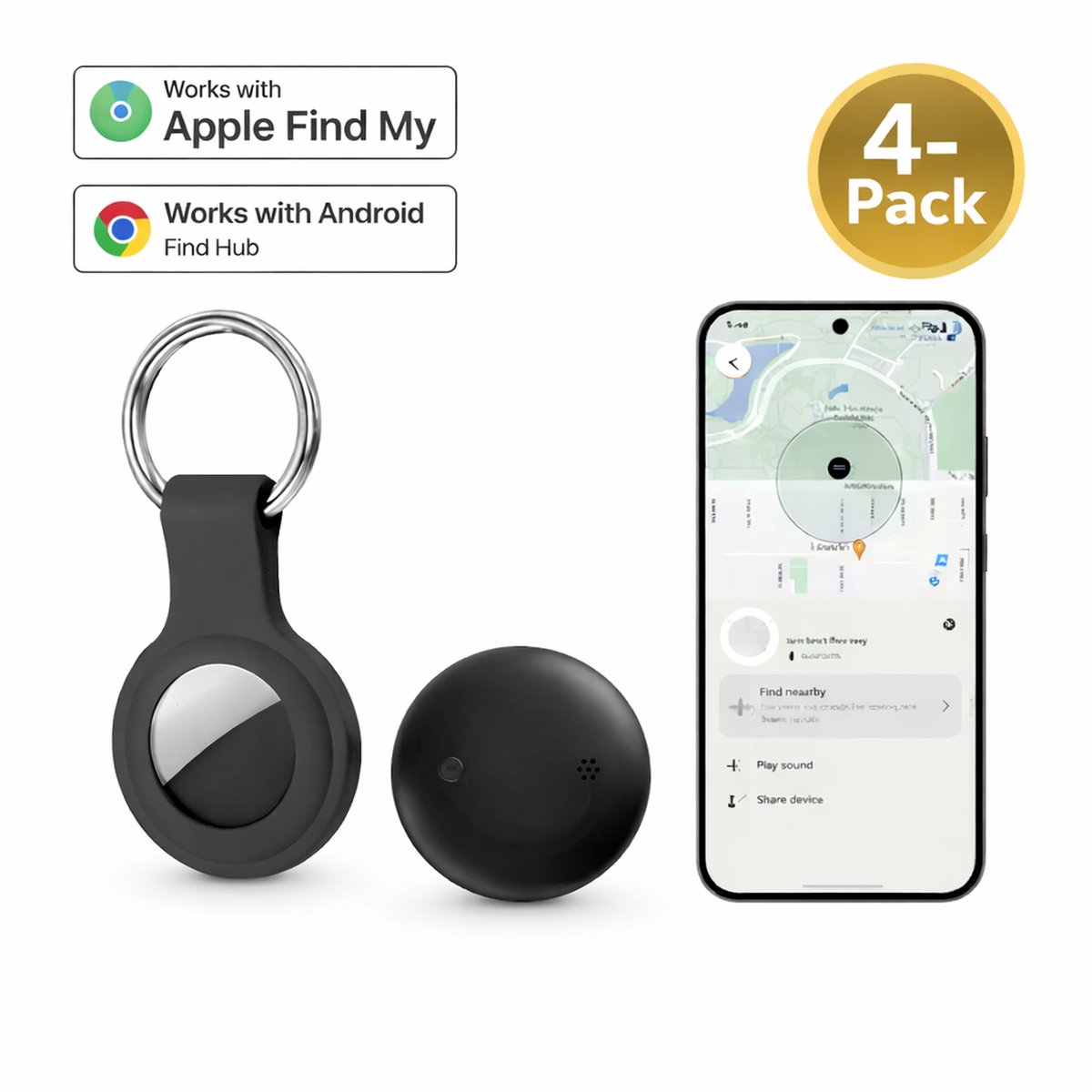 Evy24 Airtag 4 stuks - Bluetooth Tracker & KeyFinder - Airtag met Sleutelhanger - Werkt met Apple Find My & Android Find My Device - Tracker Apple iPhone & Android
