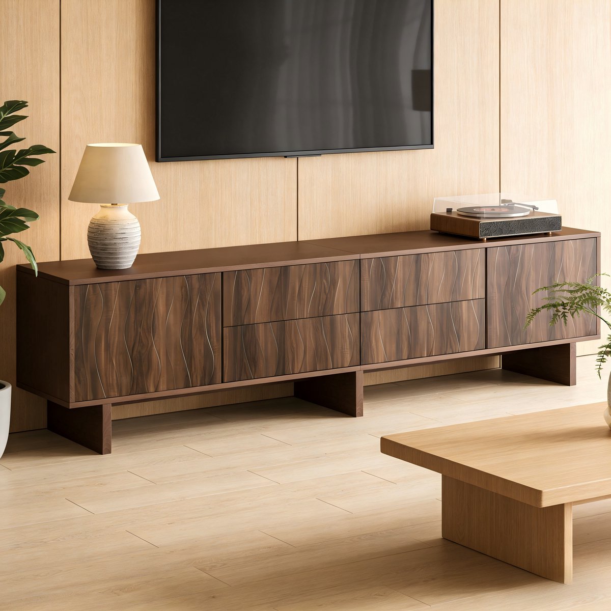 MIVRAY Tv Meubel - Golvend Design Met 4 Laden En 2 Deuren - Voor Woonkamer - Spaanplaat In Donker Walnoot - 180x40x56 Cm