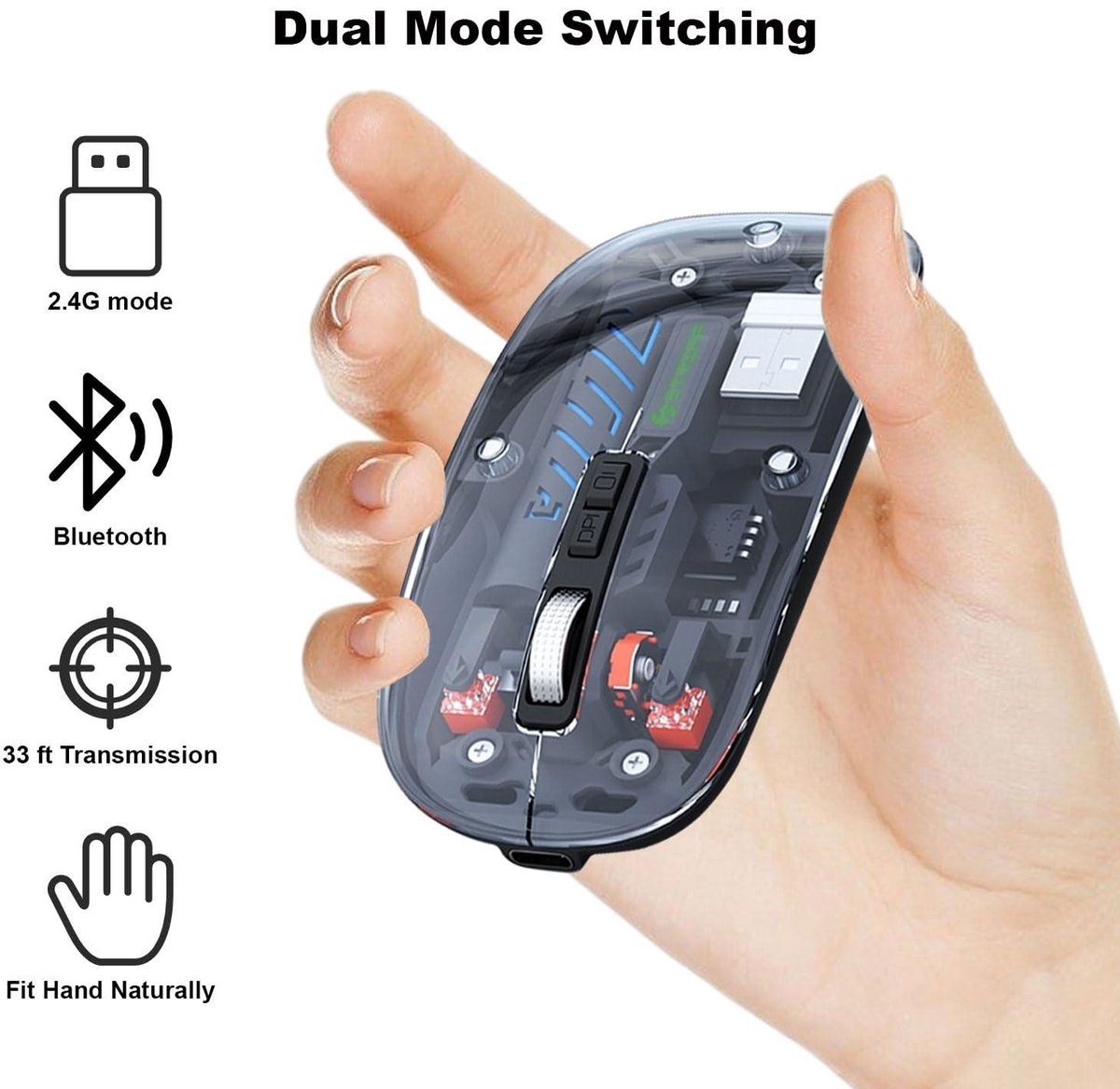 Muis - 2x Bluetooth + 2,4 GHz USB-ontvanger - MOBILITY LAB - PHANTOM - Wit en transparant