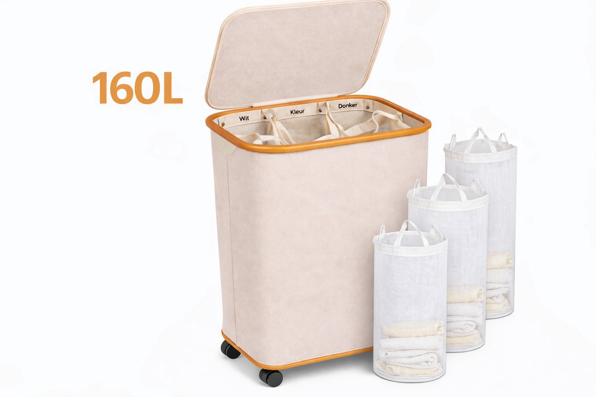 DutchHome Wasmand 3 Vakken 160L met Wielen en Deksel - Wassorteerder Beige