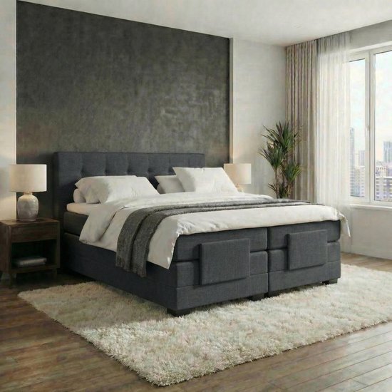 Anno 1588 Elektrische Boxspring LUXA - Pocketvering - Luxe Topper - Antraciet - 180x200 cm - Inclusief Montage + Dekbed en Kussens