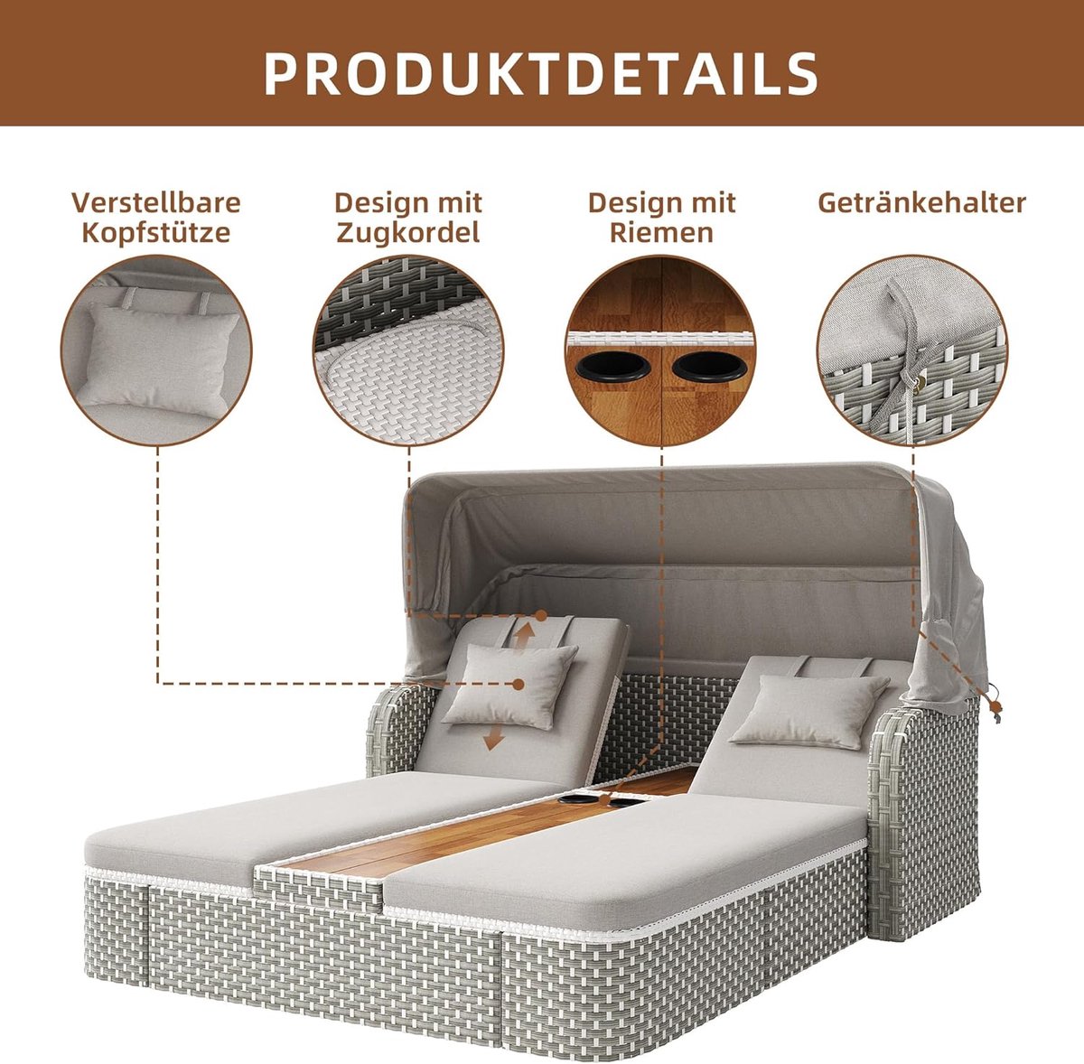 Ligbed 2-Persoons met Zonnedak – abtkantoor Luxe Rattan Loungeset met Verstelbare Rugleuning & Hoofdsteun – Inclusief Kussens & Bekerhouders – Weerbestendig – Tuin, Balkon & Terras – Grijs