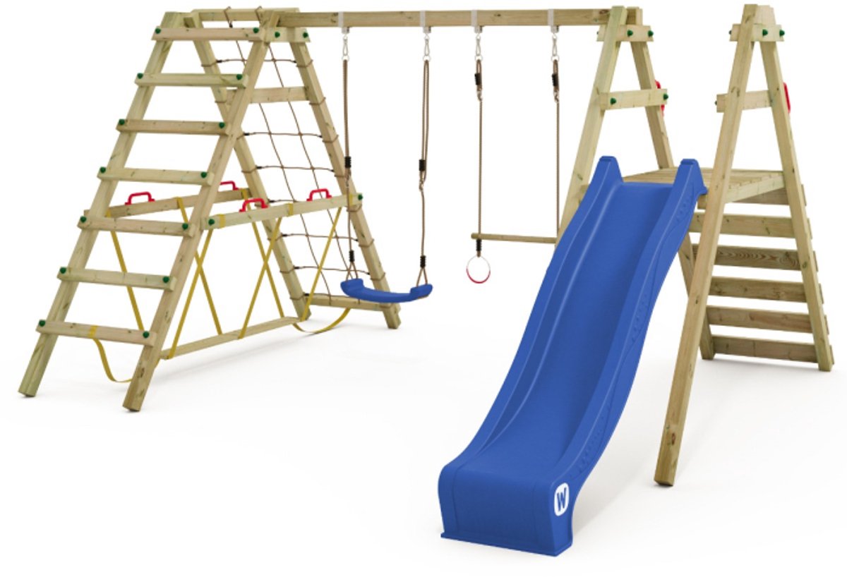 Wickey Smart Shake Speeltoestel - Schommel en Trapeze met Glijbaan - Klimaanbouw & Evenwichtsbalk - 379x378x211 cm - Blauw