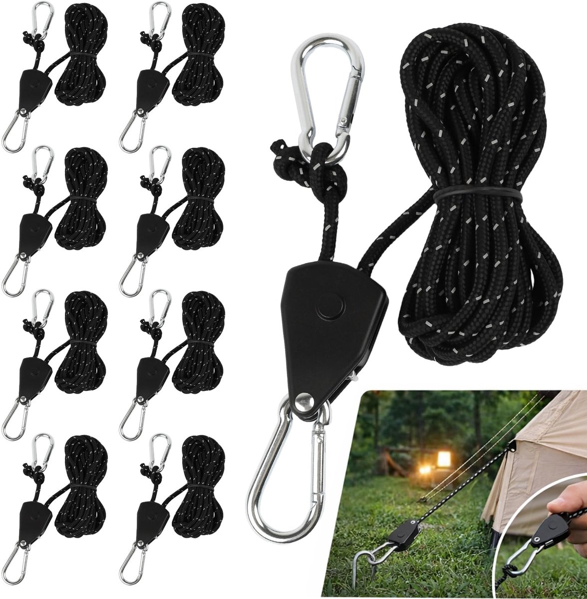 Namajunas - 8 stuks reflecterend scheerlijnen camping met touwspanner - Touwratel met karabijnhaak - Tentkoord met spanner - 4mm x 4m - Spankabels voor tent, voortent, luifel, storm