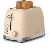 Crèmekleurige retro broodrooster met twee geroosterde sneetjes brood erin.