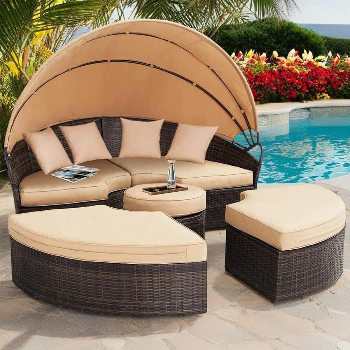 Zonne-eiland 4 Personen met Dak – Luxe XXL Rotan Tuin Loungeset / Tuinschelp met 10 cm Kussens – Outdoor Ligbed Zonnebed Weerbestendig – Bruin – ABTkantoor