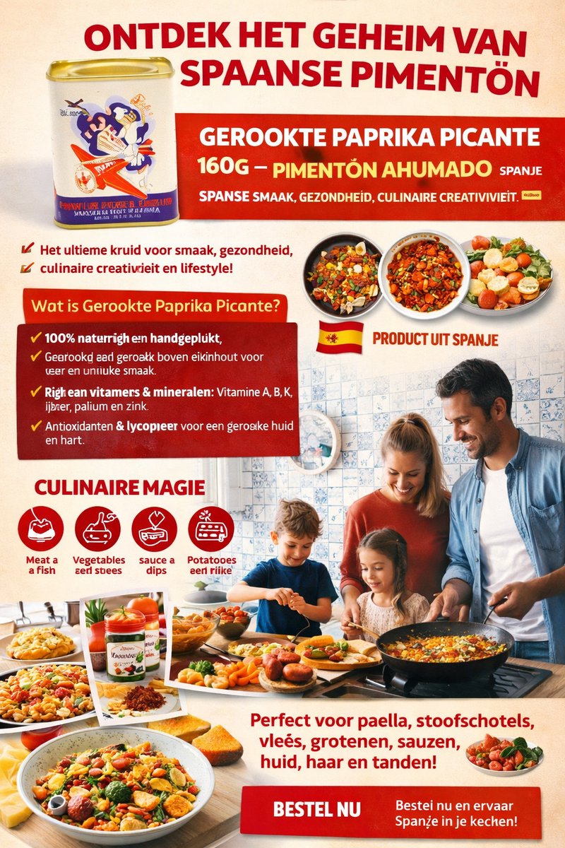 GEROOKTE PAPRIKA PICANTE 160G  AUTHENTIEK SPAANS PIMENTÓN AHUMADO  HET ULTIEME KRUID VOOR SMAAK, IN VINTAGE BLIK _GEZONDHEID, PAELLA, STOOFSCHOTELS, VLEES, GROENTEN, SAUZEN, HUID EN HAAR
