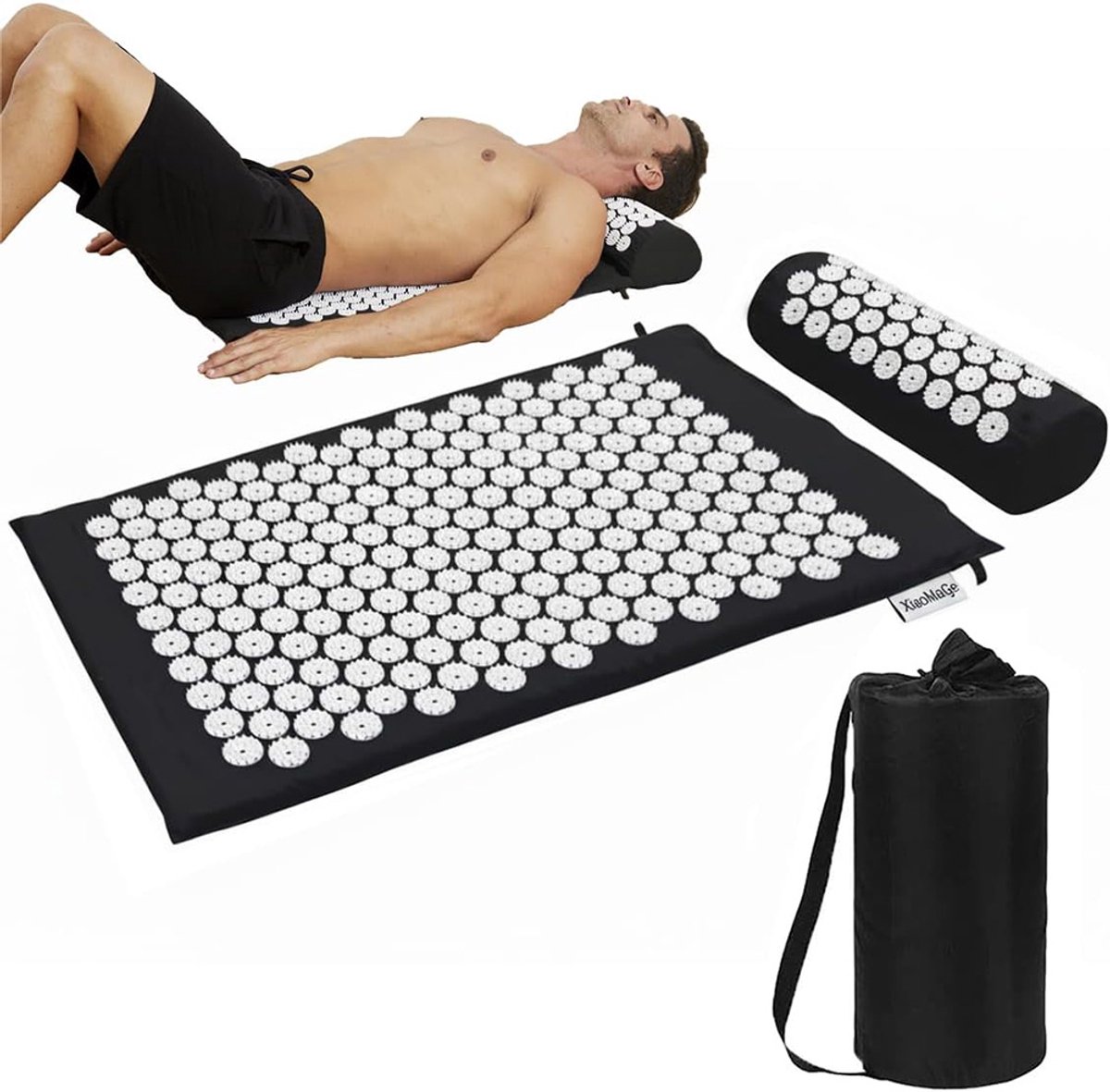 Spijkermat Set met Spijkerkussen - Acupressuur Mat - Spijkerbed - Acupunctuur Kussen - Shakti Massage - Zwart - 65x40 cm