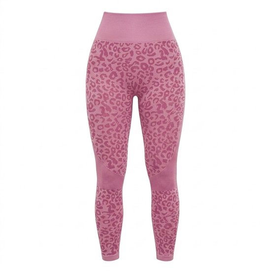 Roze legging met luipaardprint, hoge taille, aansluitende pasvorm.