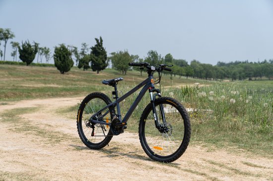 Zwarte mountainbike met voorvering en schijfremmen, staand op een zandpad in een park.