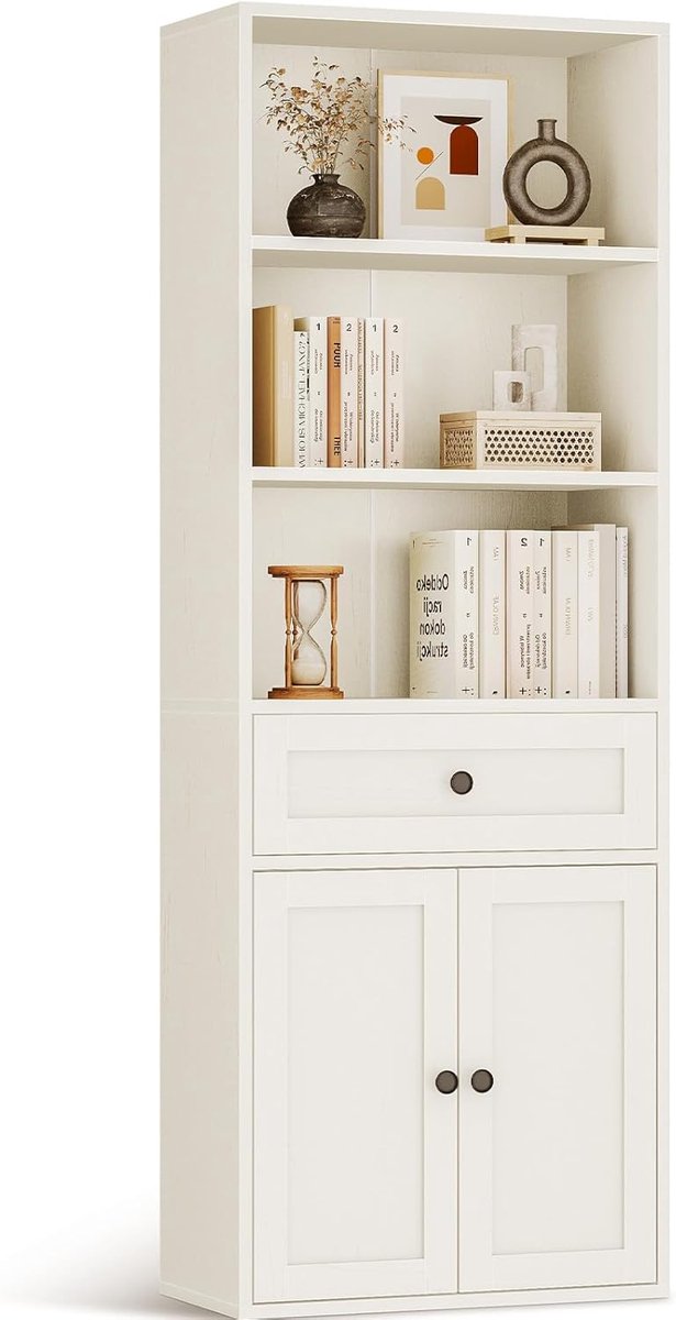 HOMESY 5-laags boekenkast met deuren en kast, Vloerstaande display-opbergplank, Hoge boekenkast met lades voor Huis, Kantoor, Woonkamer, Slaapkamer, Wit, 48 x 24 x 164