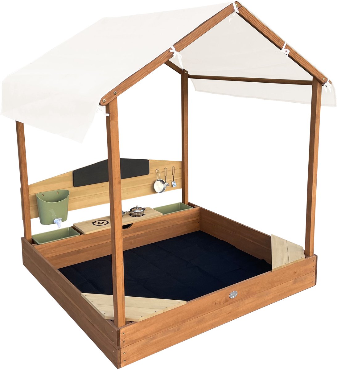 AXI Meli Zandbak & Speelhuisje 120 x 120 cm met Speelkeuken – Bruin - Met Dak – FSC hout – Met Krijtbord, Watertank en 6-delig Speelgoed Kookset – Met 2 Bankjes - Inclusief gronddoek – 10 jaar garantie — afbeelding 9