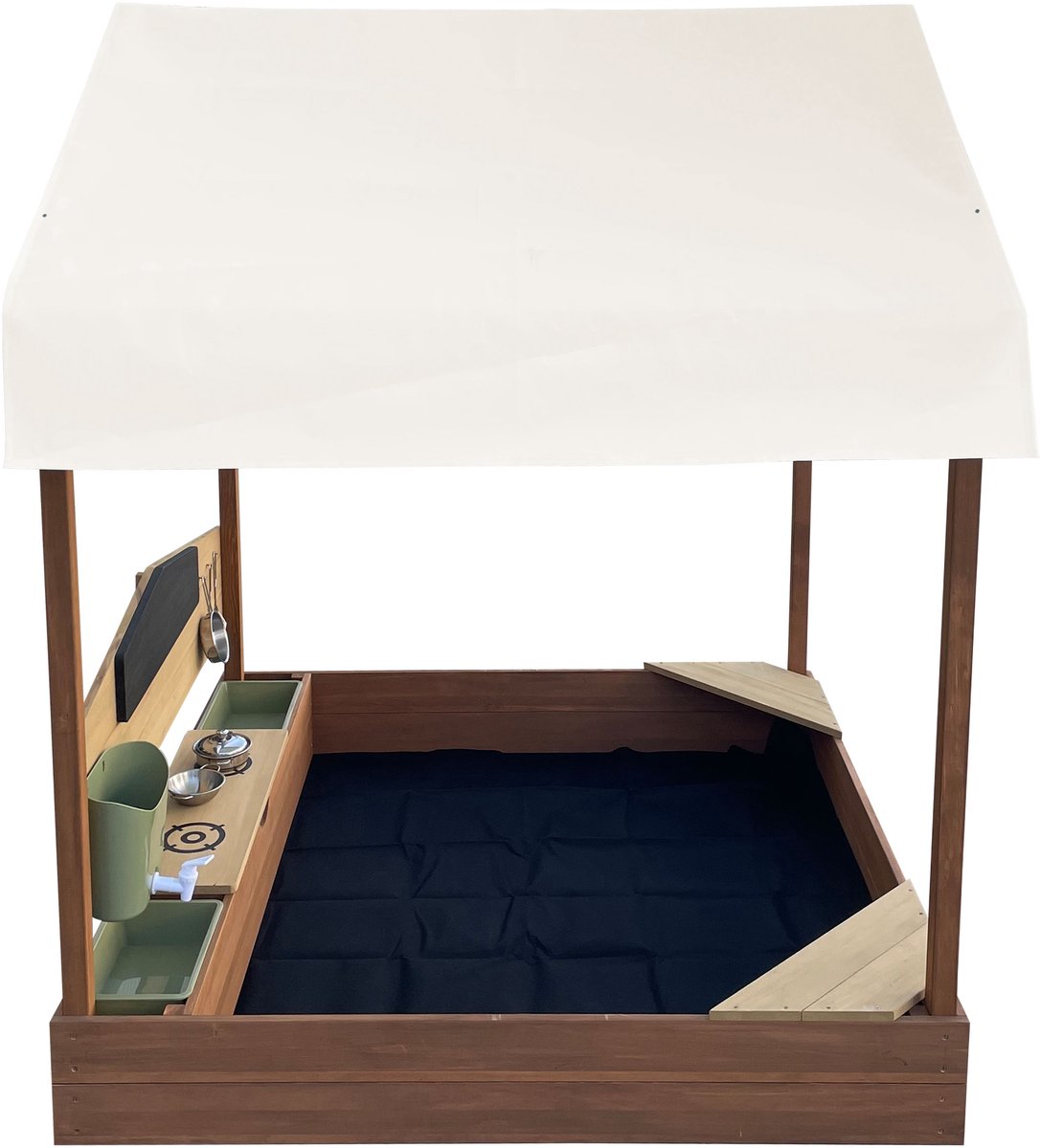 AXI Meli Zandbak & Speelhuisje 120 x 120 cm met Speelkeuken – Bruin - Met Dak – FSC hout – Met Krijtbord, Watertank en 6-delig Speelgoed Kookset – Met 2 Bankjes - Inclusief gronddoek – 10 jaar garantie — afbeelding 4