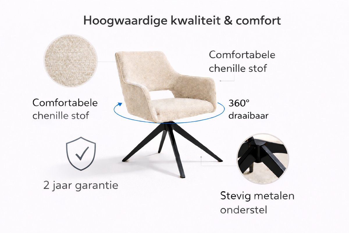 Bam & Boo Serena Draaistoelen Set van 2 – Beige Chenille Eetkamerstoelen met Armleuningen – 360° Draaibaar – Moderne Stoel – Zwart Metalen Onderstel – foto 4