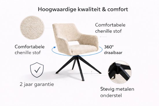 Beige chenille stoel met armleuningen, 360° draaibaar op een stevig zwart metalen onderstel. Met comfortabele zitting en rugleuning.