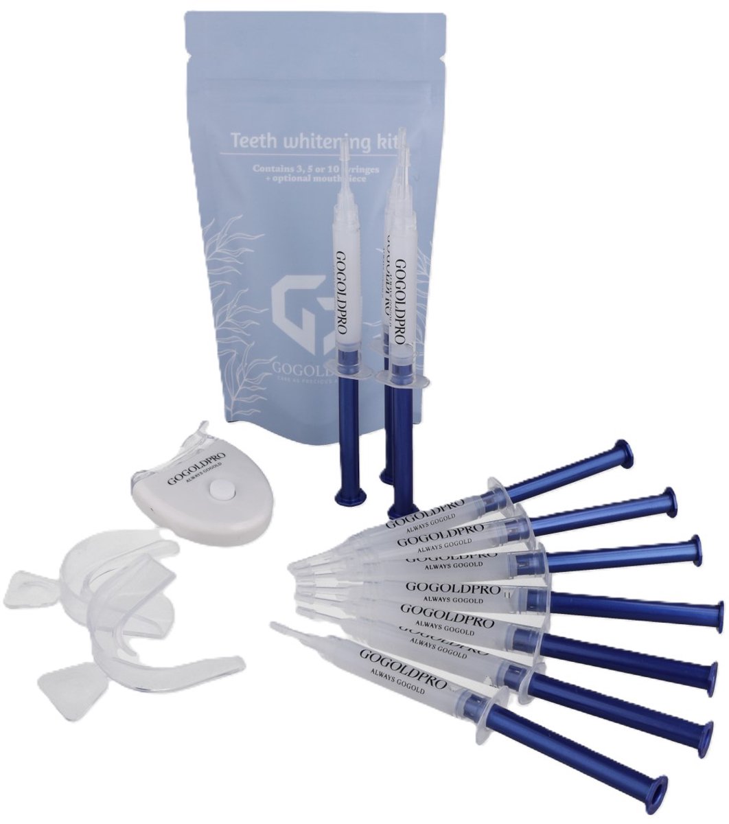 GoGoldPro Tanden Bleken Set - 10 Gelspuiten - Zonder Peroxide - PAP+ - Tot 20 Tinten Witter - Veilig Thuis Bleken - Stralende Lach - 3D led - Snel Resultaat - Witte Tanden