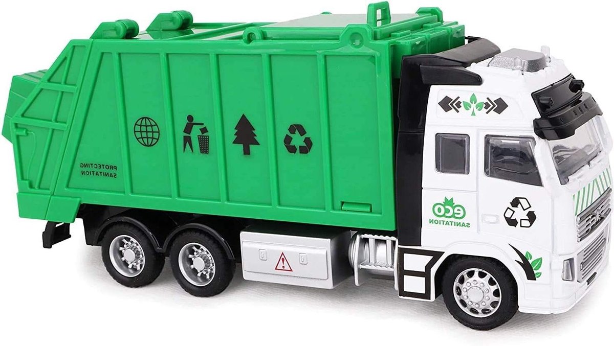 Speelgoed Vuilniswagen - Mini Vrachtwagen - Uren Speelplezier - Wrijvingsaandrijving - 21cm - Groen