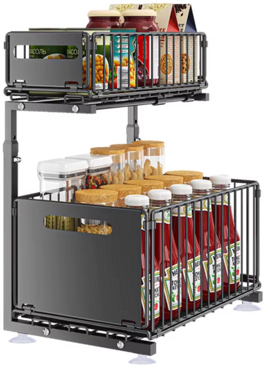 Stervia Gootsteenkast Organizer - Keukenkast organizer - Keuken Organizers - Uitrekbaar - 2 Lades - Zwart - 37.5 x 26.5 x 46 cm