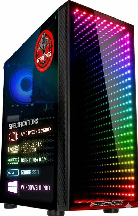 ScreenON Game PC - AMD Ryzen 5 2600X - NVIDIA GeForce RTX 3050 6GB - 16GB RAM - 500GB SSD - Windows 11 Pro - RGB Gaming Desktop - Plug & Play