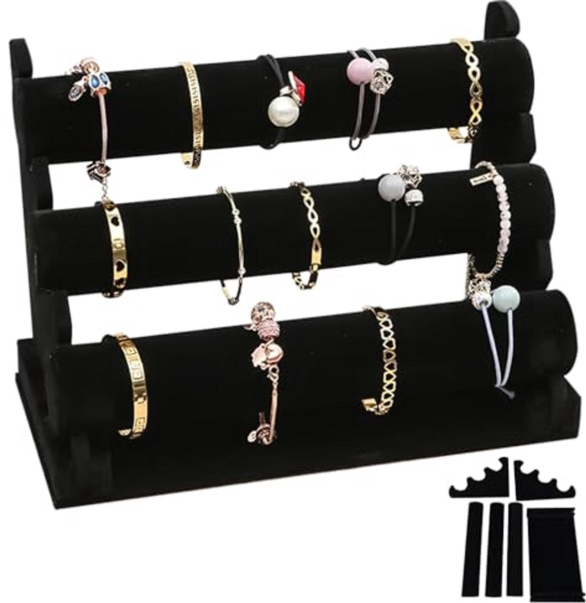 Armbandstandaard Fluweel - Sieraden Display - Sieraden Organiseren - 3 Afneembare Etages - 25 x 17 x 30 cm - Zwart