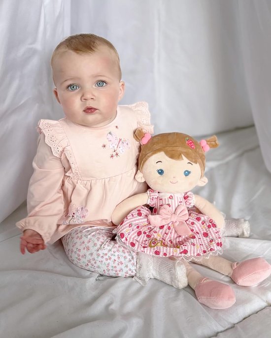Babypop Stof - Zachte pop - Knuffelen en spelen - Gelede ledematen - 40 cm - Aardbeienroze — afbeelding 4