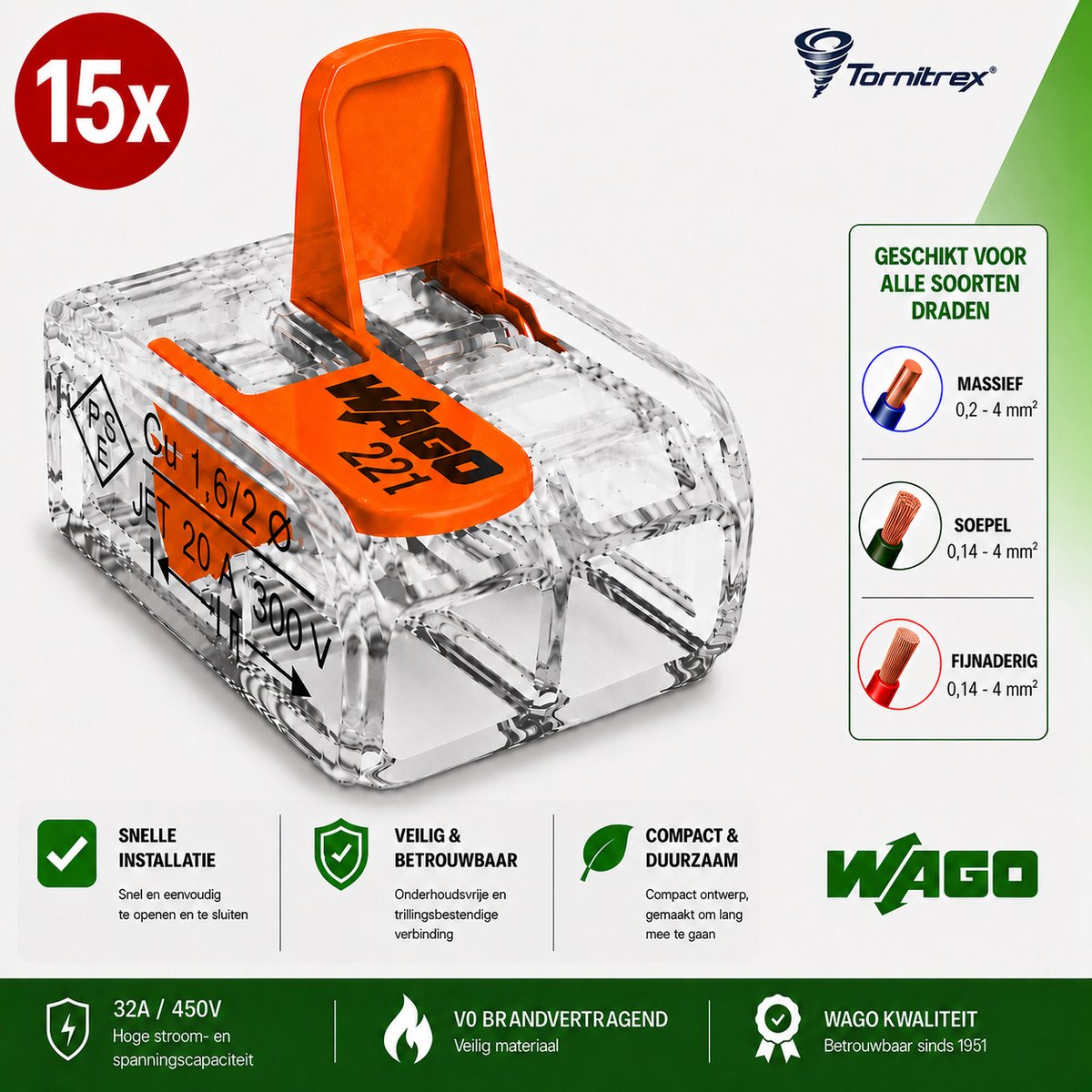 Wago lasklem 2-voudig 221-412 (15 stuks) - Tornitrex®