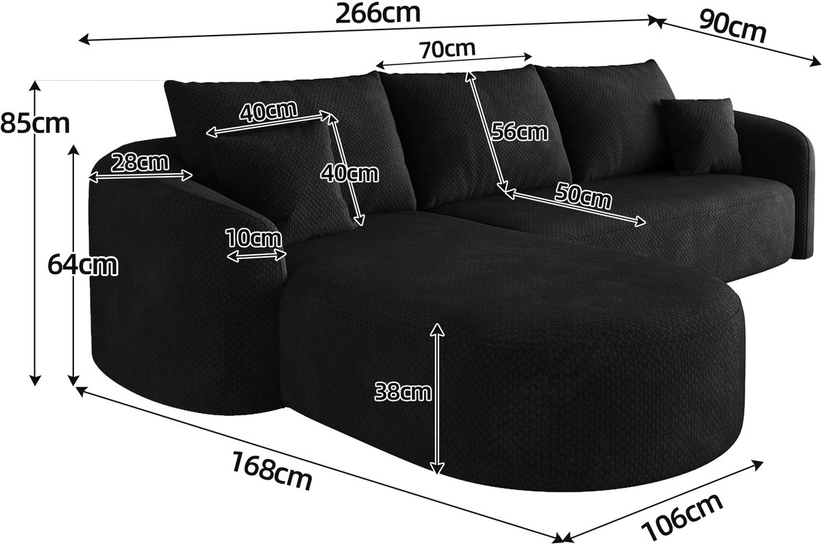 MODENUIT Hoekbank 266 cm - Modulair Zonder Montage - Voor Woonkamer En Slaapkamer - Stof - Zwart