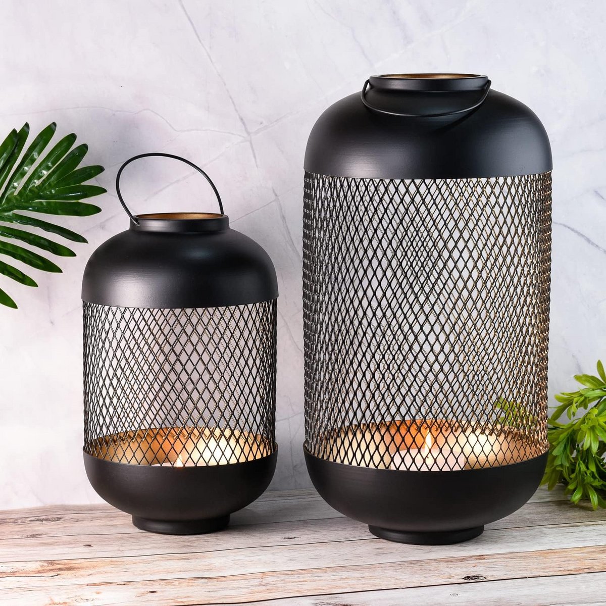 Tuinwindlicht Set - Lantaarns Buiten - Sfeer Creëren - Modern Design - 47 & 32 cm - Zwart Goud