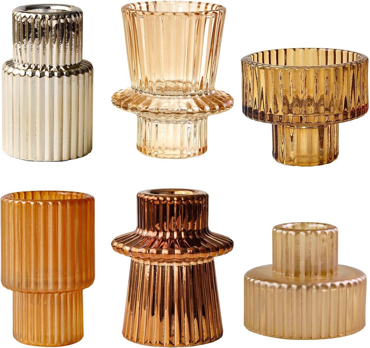 Gouden Kandelaars - Kaarsen Houders - Sfeer Creëren - Geribbeld Glas - 6 Stuks - Goud