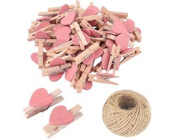 Houten Hart Knijpers - Mini Decoratie Clips - Foto's Ophangen - Natuurlijk Hout Materiaal - 100 Stuks - Roze