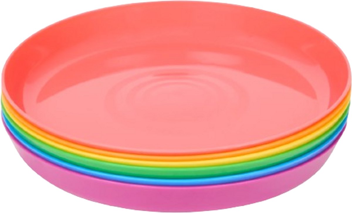 Kinder borden / bordjes REGGIE - Multicolor - Kunststof - Set van 6 - Kinderservies - Picknickservies - Tuinservies - Regenboog kleuren