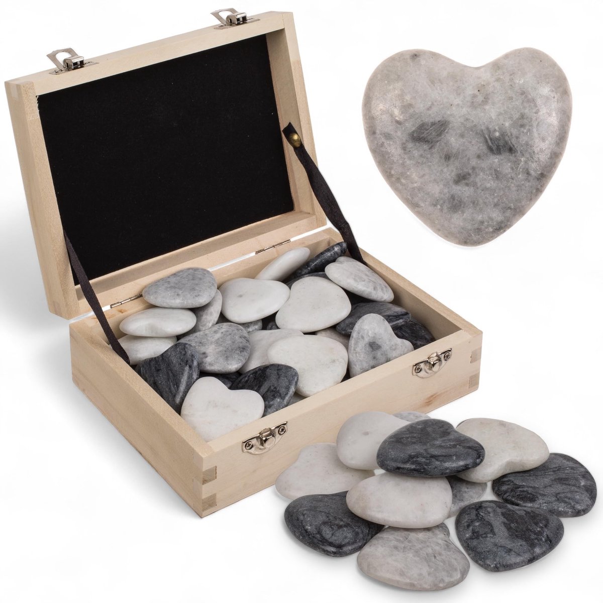 Dailygoods- Zorgenstenen Hartvorm - 36 Natuurstenen - Houten Doos - Kalmerende Stenen - 4,5 cm - Stress Verminderen - Stressballen