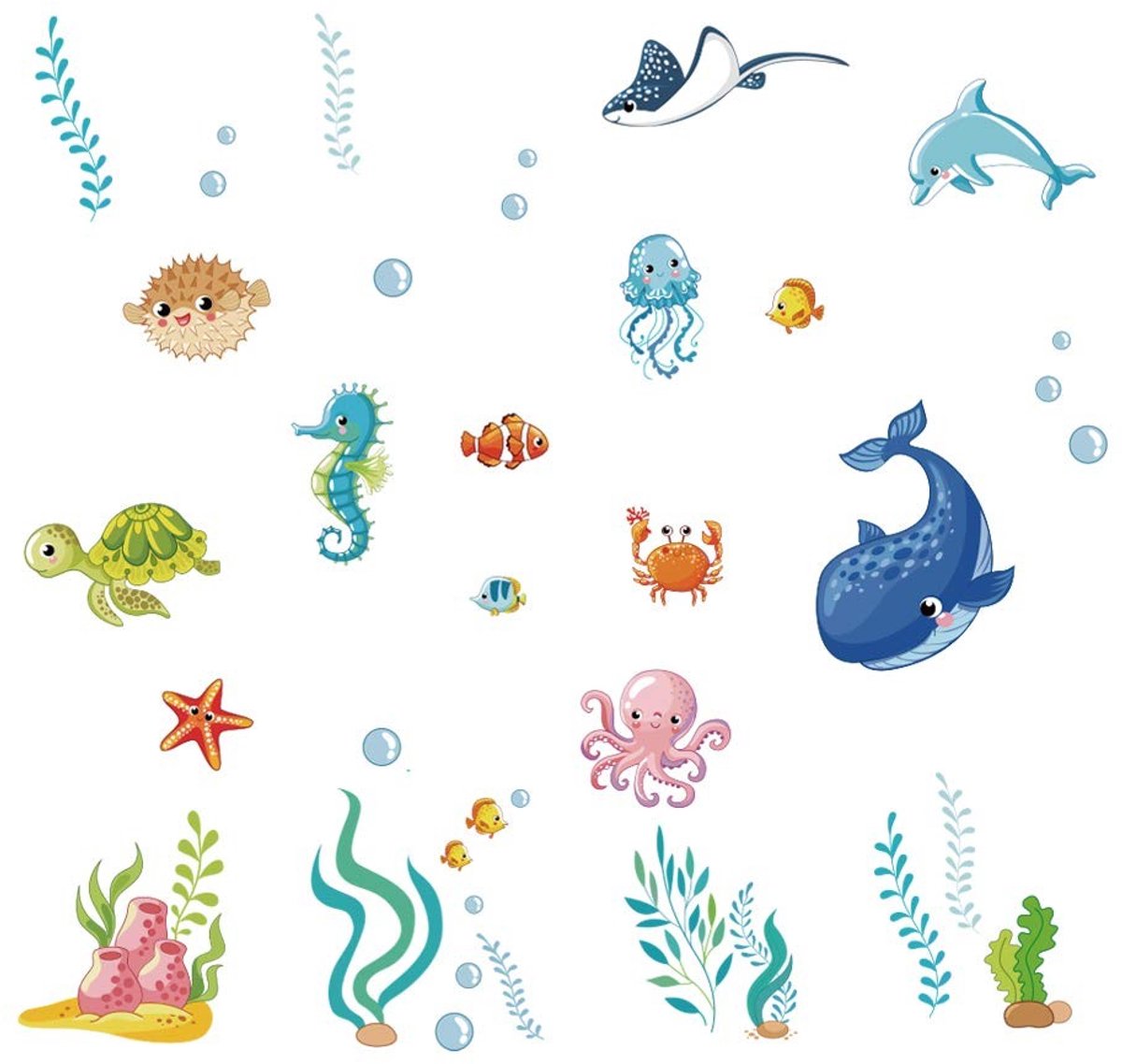Dailygoods- Muursticker Onderwaterwereld - Muurstickers Zeedieren - Muurstickers Badkamer - Muurstickers Kinderkamer - Muurstickers Woonkamer - Vriendelijk Vinyl - Wanddecoratie