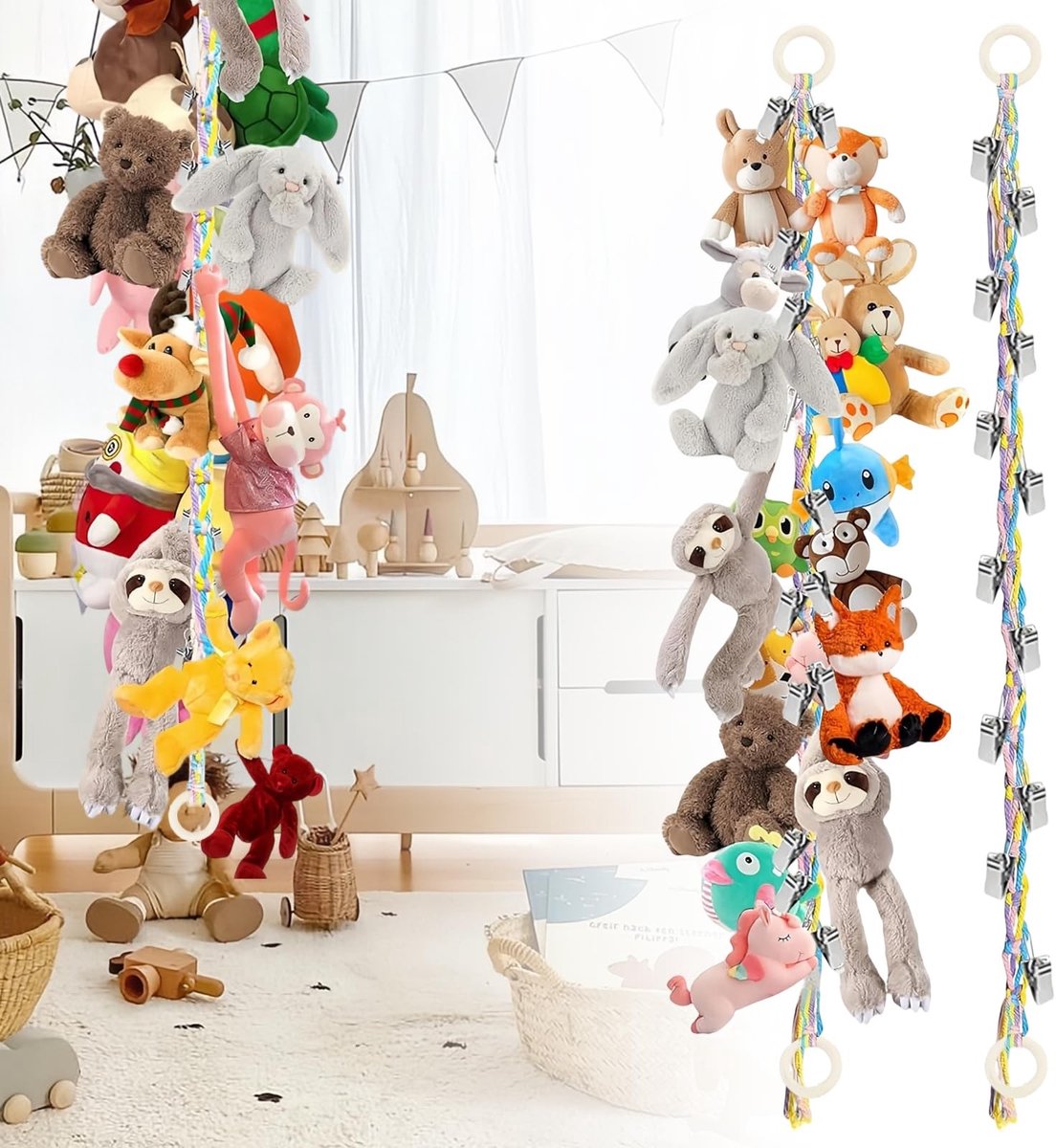 Dailygoods- Opbergknuffeldieren - Organizer met 2 Houten Ringen - 2 Stuks - 40 Clips - Hoogwaardig Katoenen Touw - Ruimtebesparend en Decoratief - Speelgoedopslag