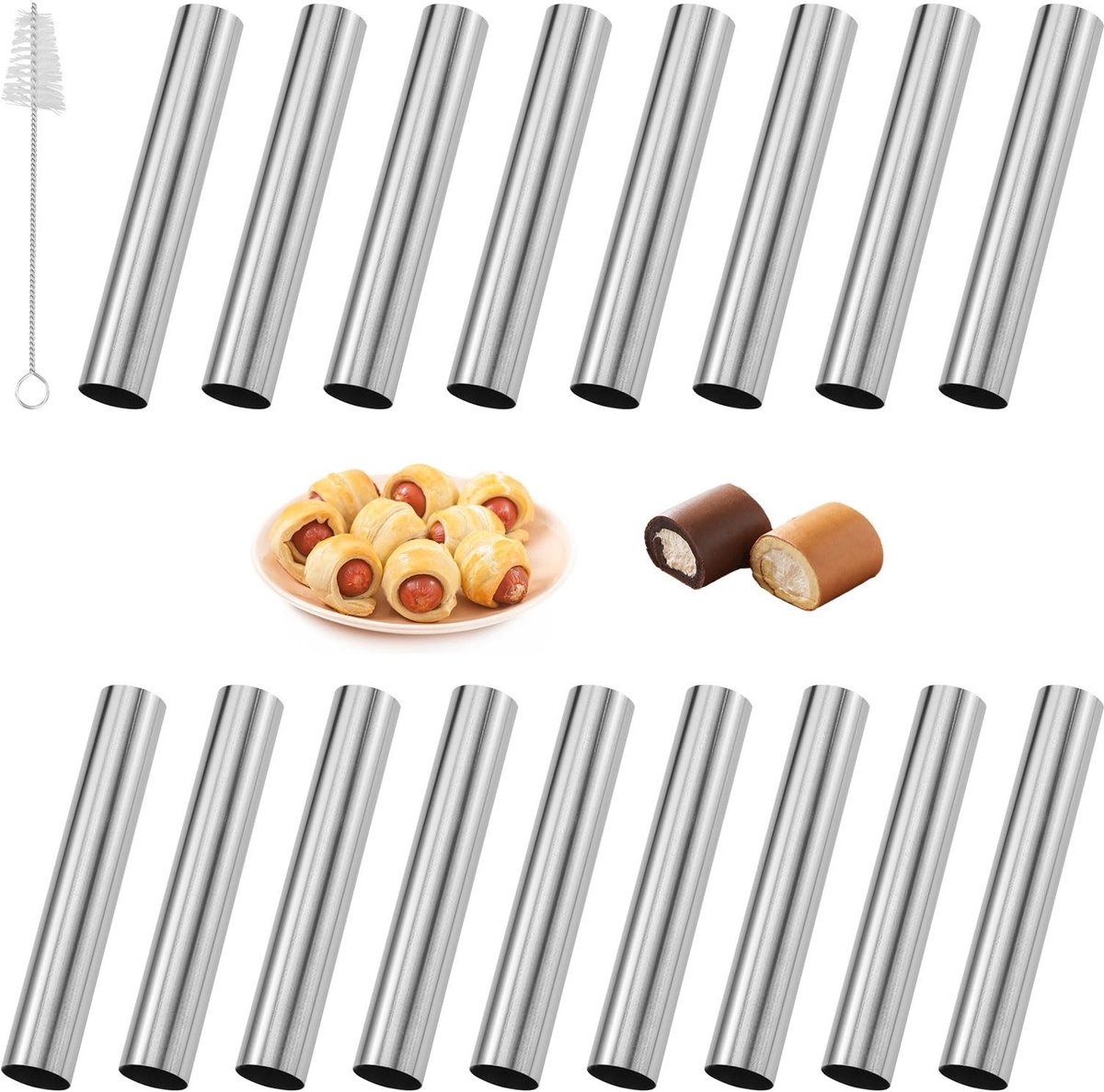 Dailygoods- Cannoli Mallen 17 Stuks - Roestvrij Staal - Antiaanbaklaag - Lichtgewicht - Reinigingsborstel - 12 cm - Bakvormen