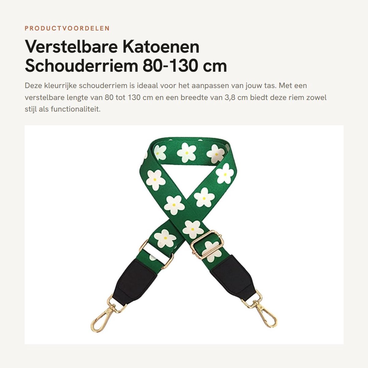 Dailygoods- Tasriem Verstelbaar 80-130 cm - Schouderriem - Tassenriem - Gouden Karabijnhaak - Katoen - 3,8 cm Breed - Schouderband