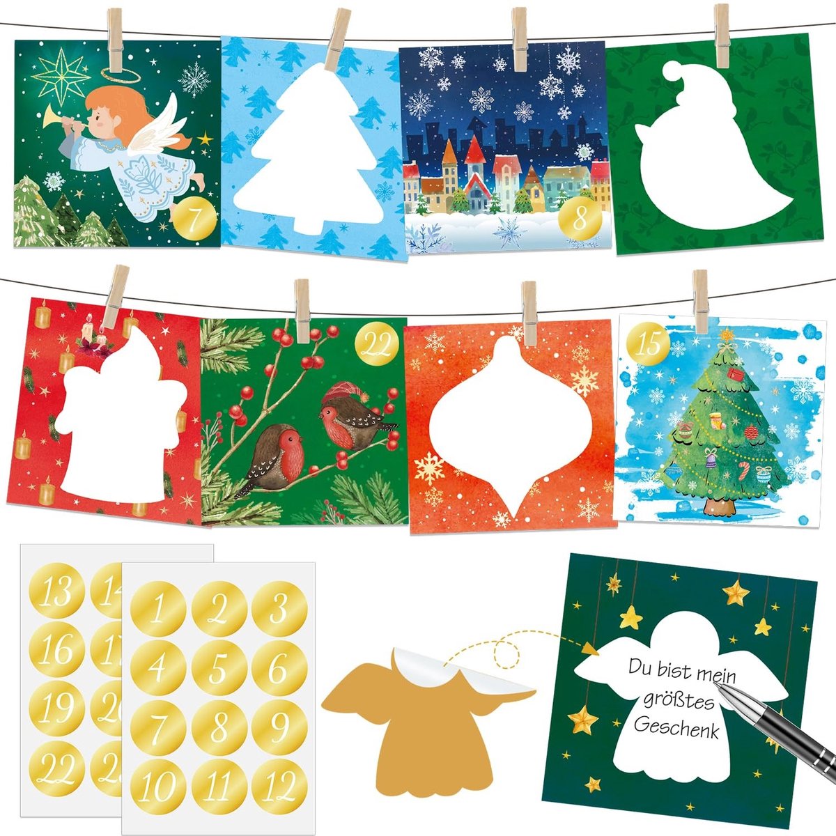 Dailygoods- Adventskalender 2024 - Doe-het-zelf Kaartenset - 24 Wenskaarten - Kraskaarten - Kerststickers - Clips/Touw - Kalender