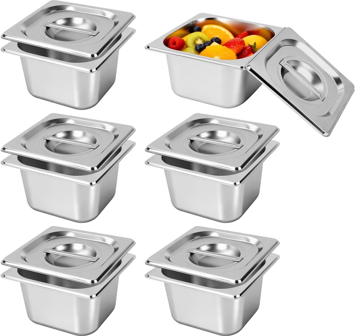 Dailygoods- GN Bak 1/6 Set van 6 - RVS Bakken 10 cm Diep - Stapelbare Gastro Bakken - Vaatwasserbestendig - Hitte- en Koudbestendig - Met Deksel en Handgreep - Voedselcontainer