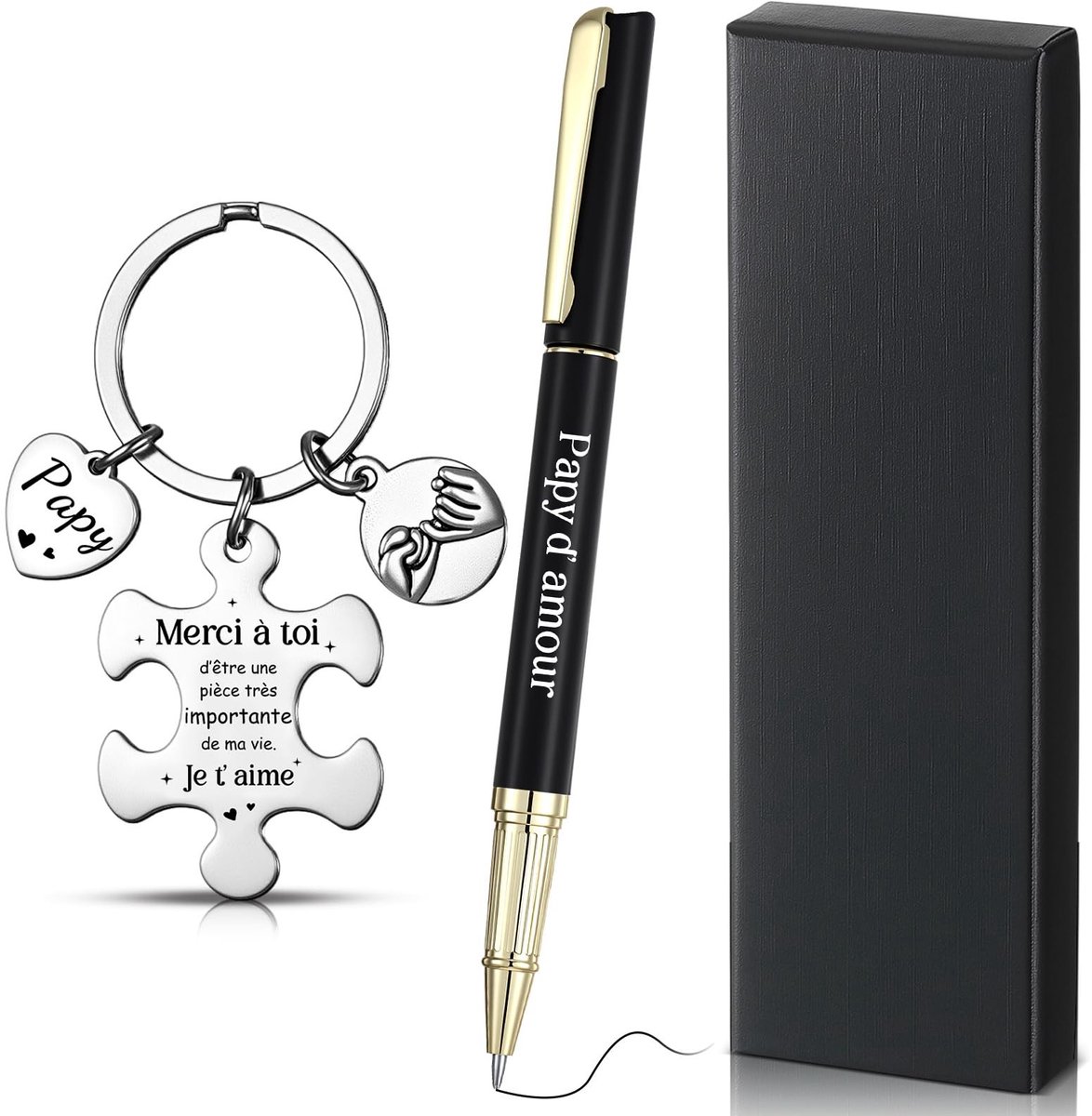 Dailygoods- Verjaardagscadeau Driedelig Cadeauset - Sleutelhanger/Roestvrij Staal - Zwarte Gelpen - Gepersonaliseerde Geschenkdoos - Elegante Gravure