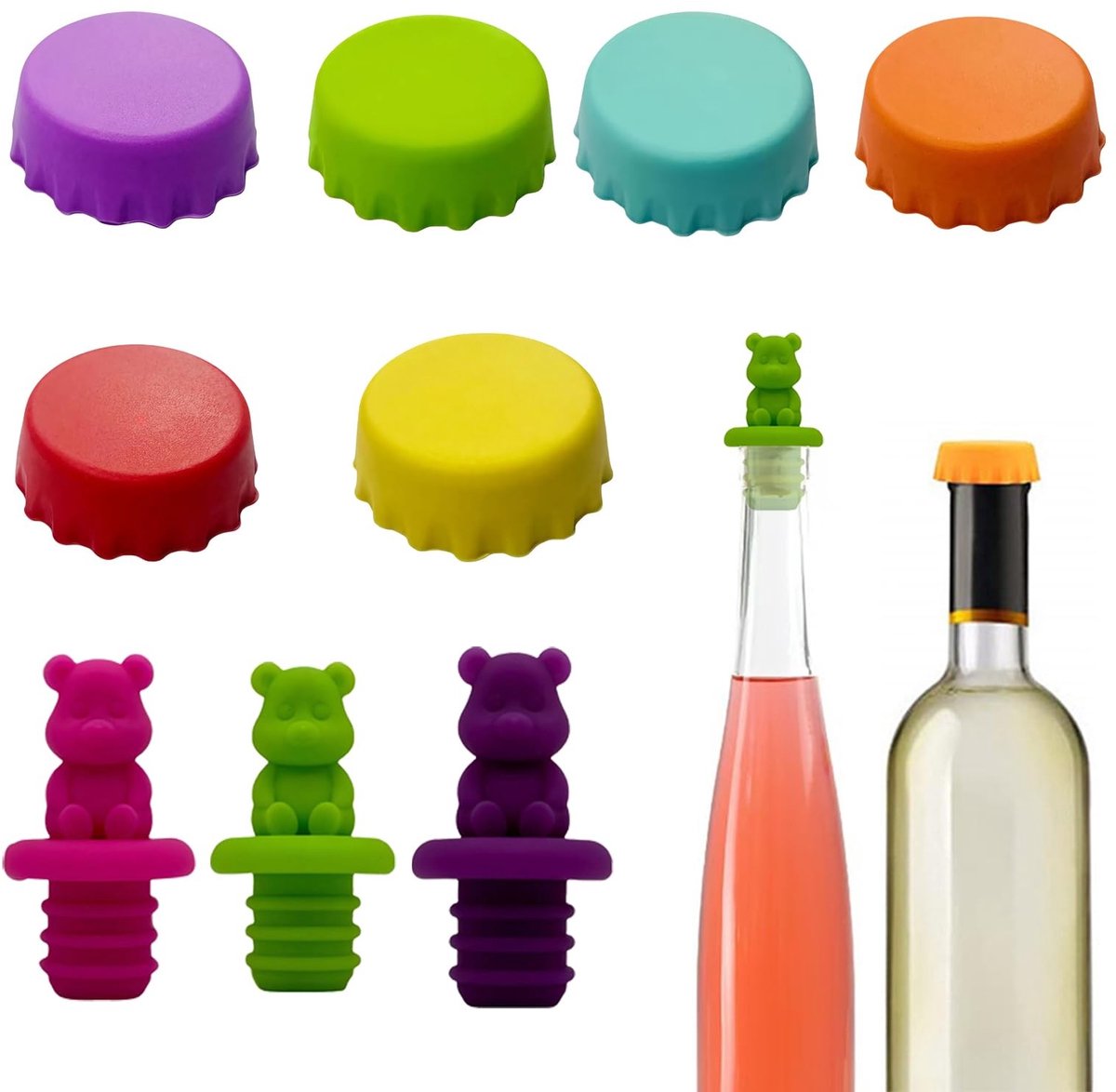 Dailygoods- Flessendop 9 Stuks - Siliconen Kroonkurken - Herbruikbare Flessendoppen - Wijnstopper - Kleurrijk - Voedselveilige Materiaal