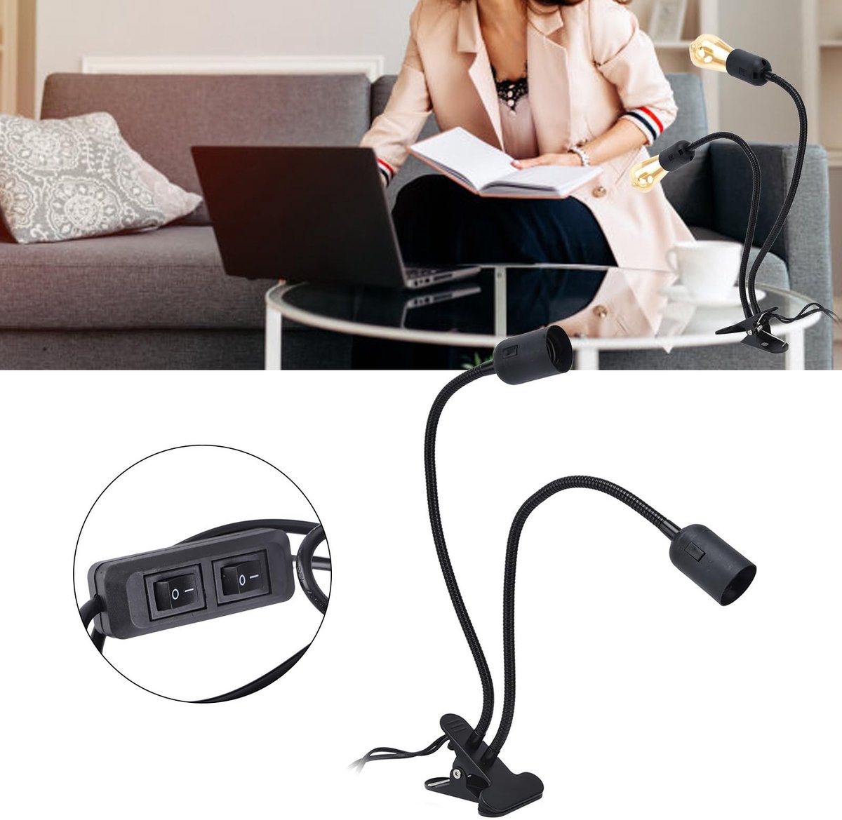 Dailygoods - Tafellamphouder E27/E26 100‑240V Onderkastverlichting Dubbelkoppige 360 ​​graden Verstelbare Cliplamphouder(#2)