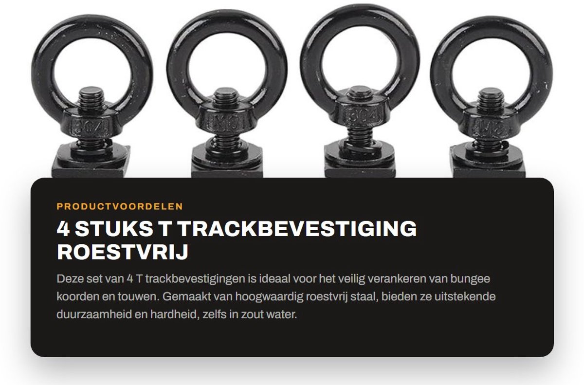 Dailygoods- Trackbevestiging Roestvrij Staal - 4pcs Bevestigingsclips - M8 Slotbouten - Bind Ringen - Bungee Koord - Duurzaam en Sterk - Bevestigingsringen